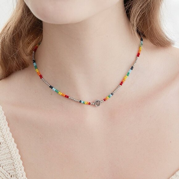 Jewelry - Small colorful rainbow smiley face beaded necklace